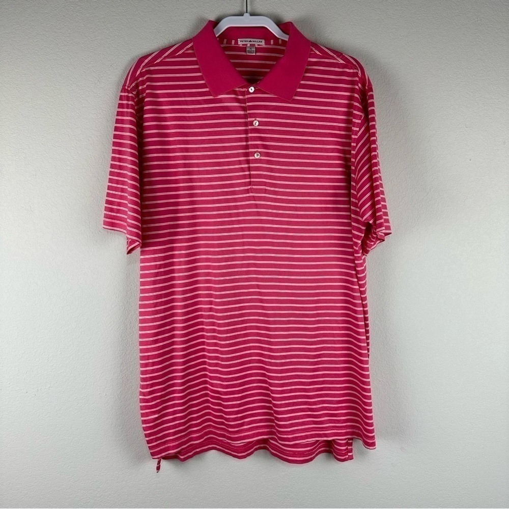 Peter Millar Pink White Striped Golf Short Sleeve 100% Cotton Polo Shirt Size XL